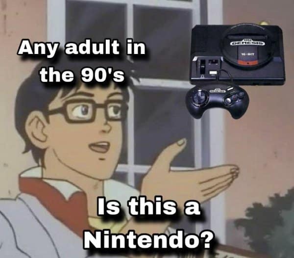 Capturing the specific 90s nostalgia of parents misidentifying every console, this video game meme uses the "Is this a pigeon?" format to show an adult pointing at a Sega Genesis and calling it a "Nintendo."