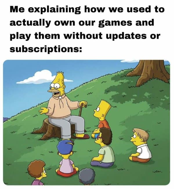 Adopting Grandpa Simpson’s storytelling energy to explain the era of physical media and no-subscription gaming defines this nostalgic gamer meme about the evolution of the industry.