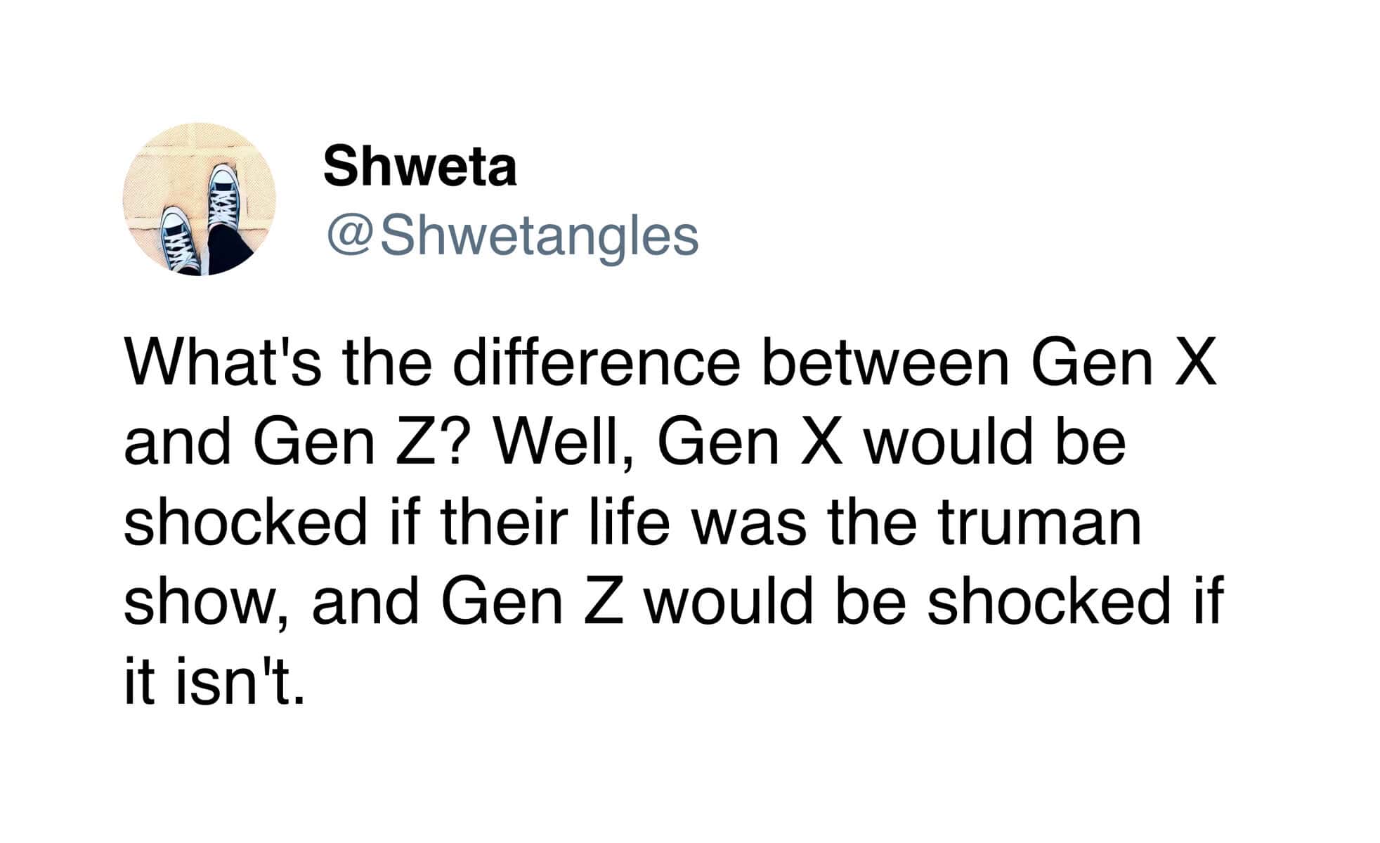 A brilliant observational gen x meme contrasting generations, explaining that while older folks would be terrified to be in The Truman Show, Gen Z would be shocked if they were not being filmed.