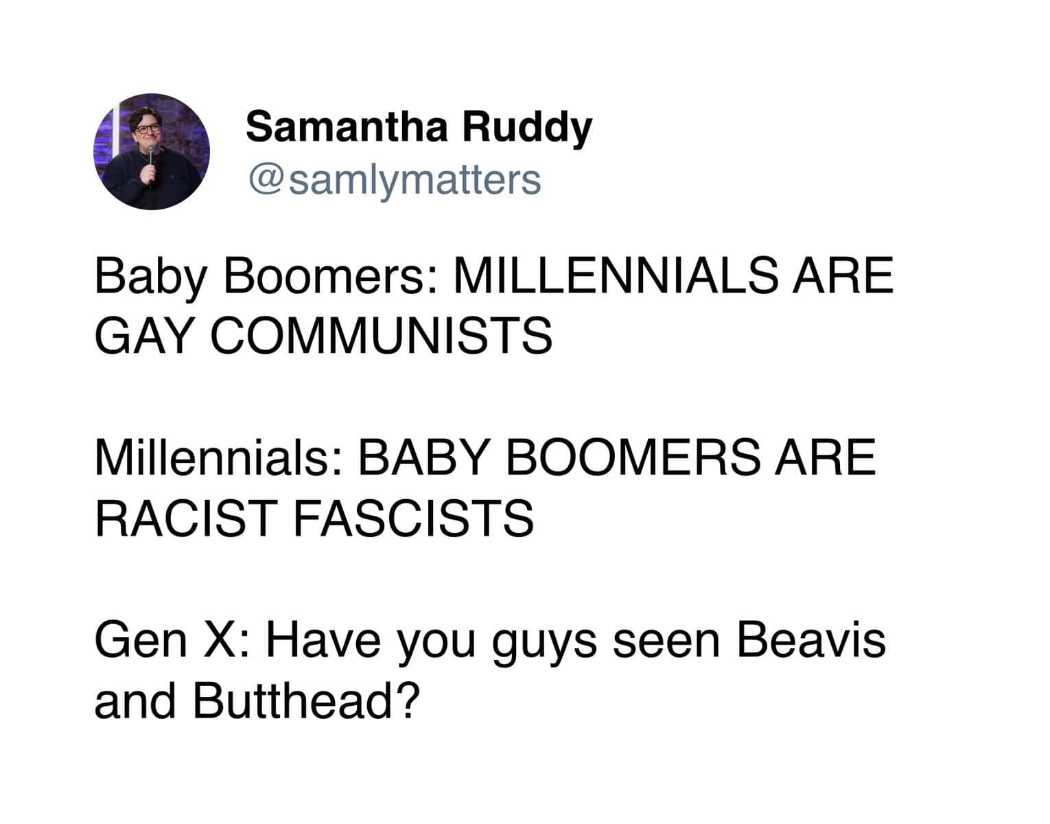 funny gen x meme highlighting generational warfare, showing Boomers and Millennials yelling intense political insults at each other while Gen X just casually asks if anyone has seen Beavis and Butthead.
