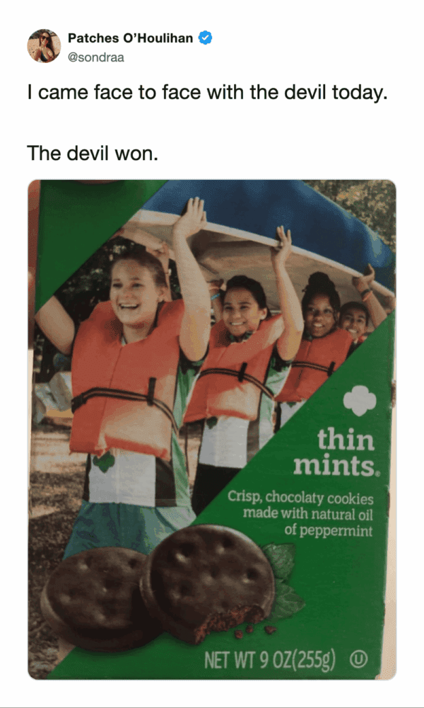 A funny girl scout cookie meme tweet showing a close-up of a vibrant green Thin Mints box, ominously captioned that the poster came face to face with the devil today and the devil absolutely won.