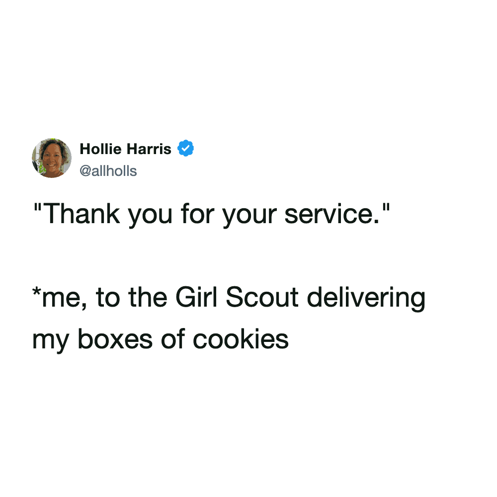 respectful girl scout cookie meme tweet showing someone treating the delivery person like an actual military veteran, solemnly saying "Thank you for your service" as they hand over the boxes.