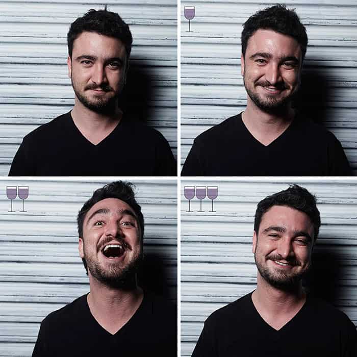 Four-panel portrait of a man in a black shirt becoming more joyful after three glasses of wine.