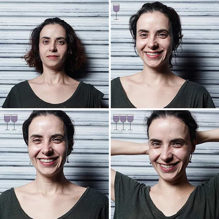 Sequential photography of a woman smiling and relaxing her posture through three glasses of red wine.