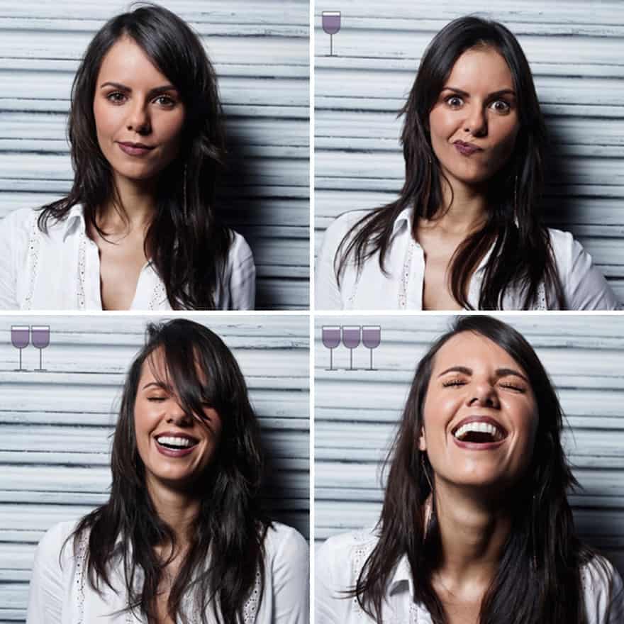 Four photos of a woman in a white shirt displaying a goofy grin as wine intake increases.