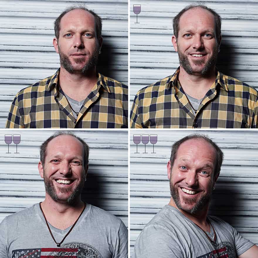 Portrait of a man in a plaid shirt becoming noticeably more animated across four sequential frames.