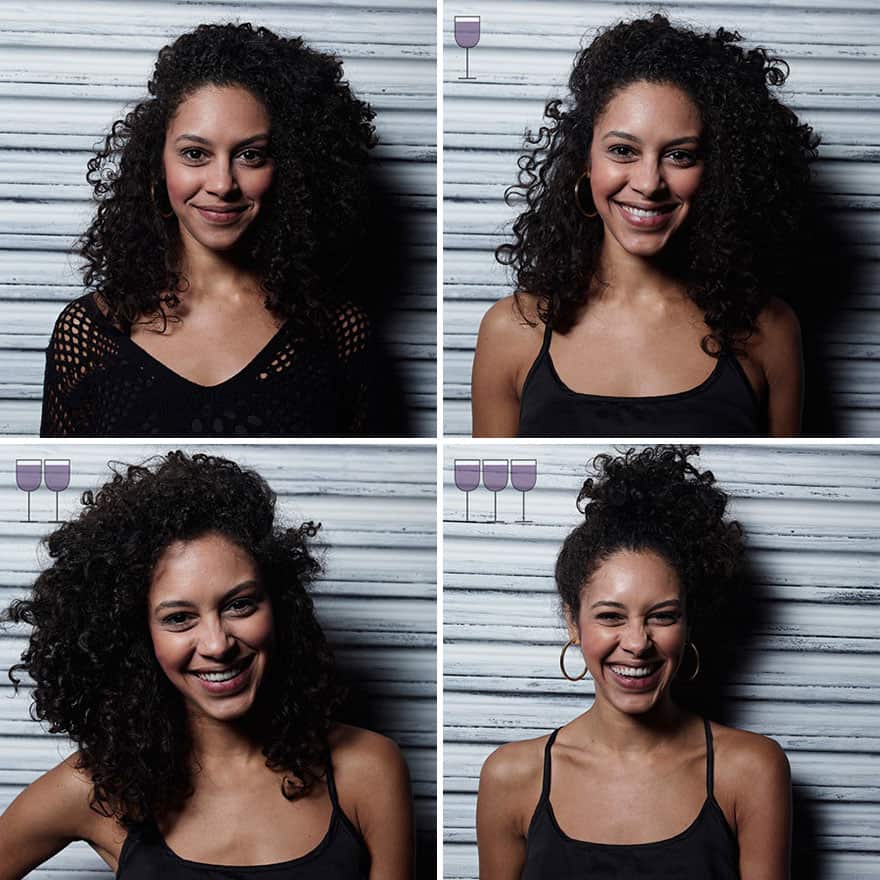 A woman with curly hair showing the progression from a polite smile to a full laugh.