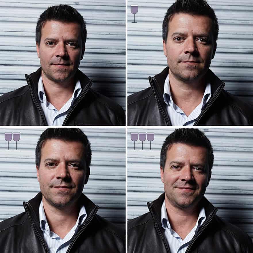 Series of portraits showing a man in a leather jacket maintaining a steady, happy composure throughout.
