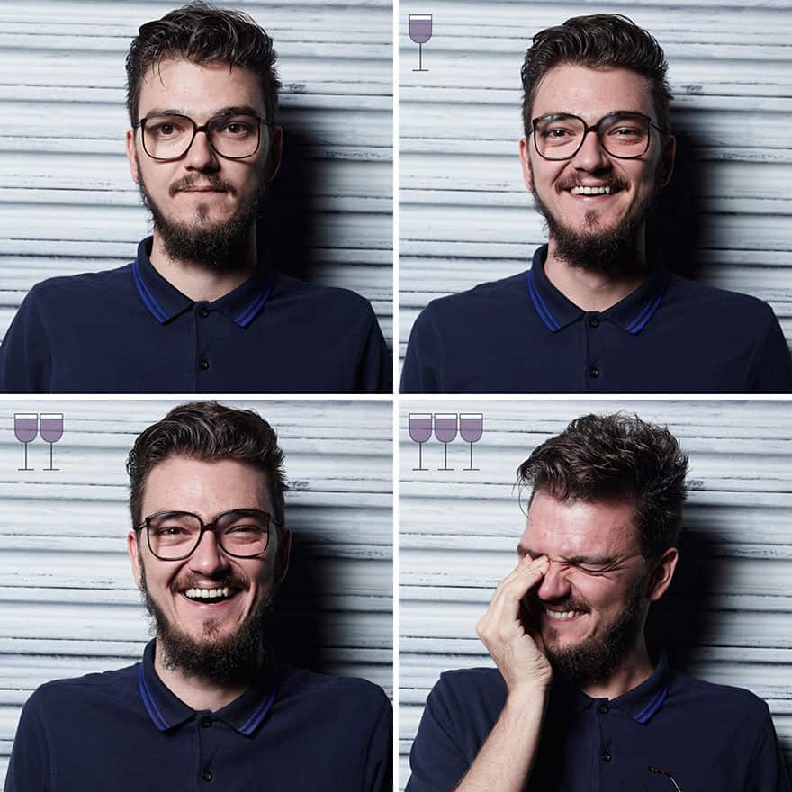 Four-panel sequence of a man with glasses and a beard laughing hysterically by the third glass.