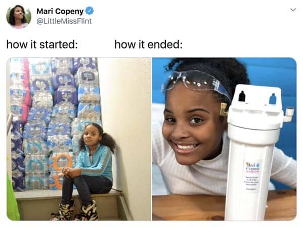 Mari Copeny as a child with bottled water stacks next to her advocating for clean water.