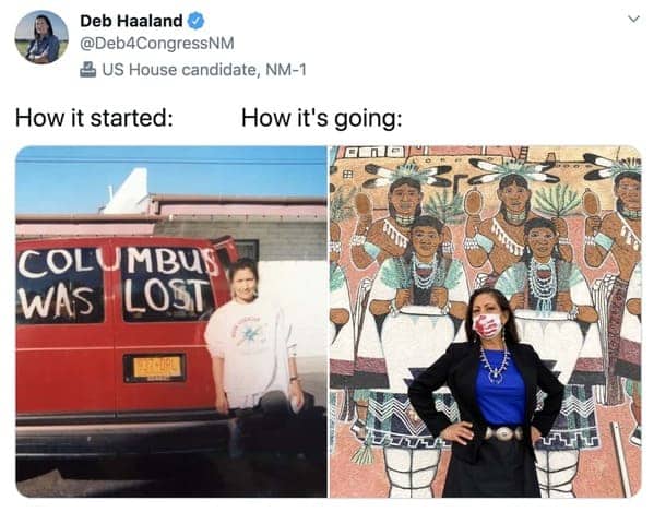 Deb Haaland standing by a "Columbus Was Lost" van next to her swearing-in as US Representative.