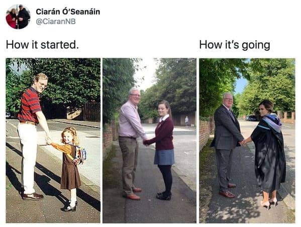 Three-panel transformation of a father and daughter holding hands from childhood to university graduation day.