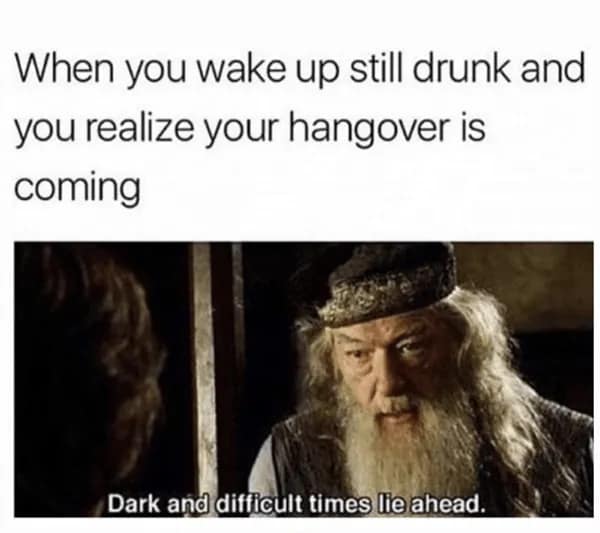 Dumbledore’s somber warning that "dark and difficult times lie ahead" perfectly signals the impending doom of a delayed hangover meme realization when waking up still drunk.