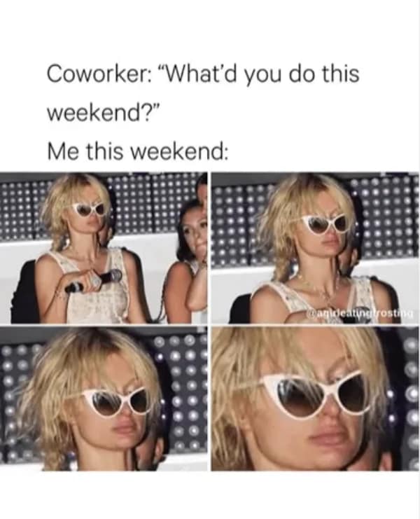 A disheveled Paris Hilton in oversized sunglasses serves as the ultimate visual for hiding a weekend of chaos from curious coworkers in this hungover meme.