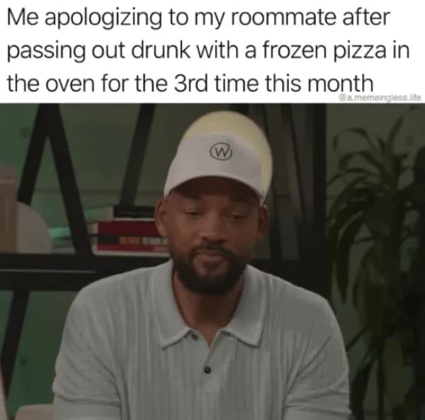Will Smith’s famous expression of deep sorrow from the "Red Table Talk" represents the specific guilt of apologizing to a roommate for passing out with a frozen pizza in the oven in this hungover meme.