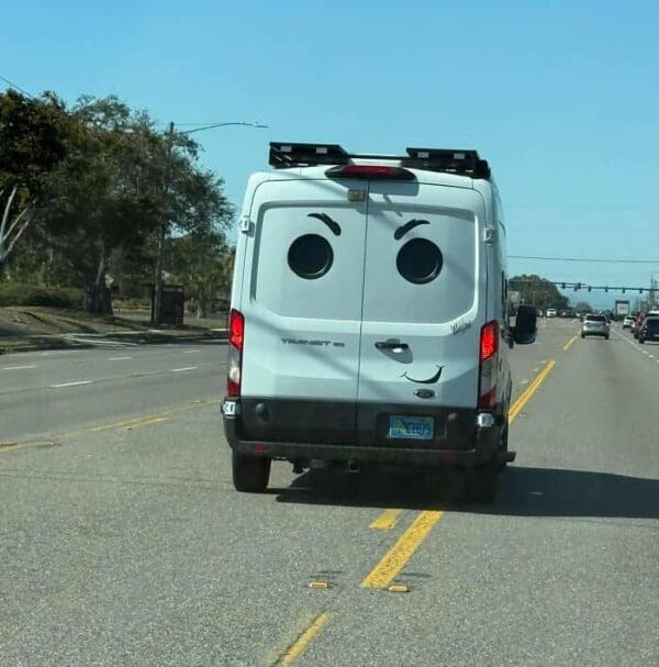 hilarious example of inanimate objects with faces showing the back of a white transit van where two circular windows, a curved handle, and drawn-on eyebrows create a perfectly smug, smirking face.
