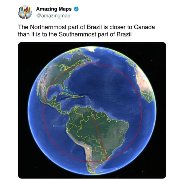 A globe-view amazing map with a red radius line demonstrating that the northernmost point of Brazil is geographically closer to Canada than it is to Brazil’s own southernmost point.