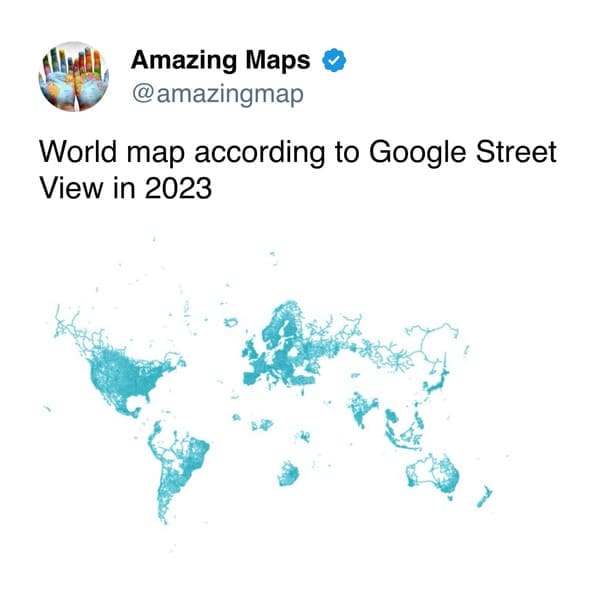 This interesting map reveals the global reach of Google Street View as of 2023, depicted as a glowing network of blue veins concentrated heavily across North America, Europe, and Japan, while leaving vast swaths of Africa and northern Asia dark.