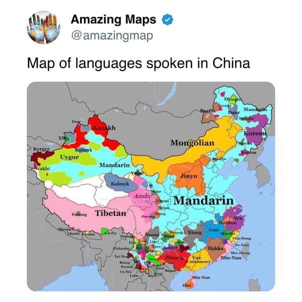 An amazing map of China that breaks down the country’s immense linguistic diversity beyond Mandarin, illustrating the regional territories of languages like Cantonese, Tibetan, Mongolian, and Uyghur in a colorful patchwork.