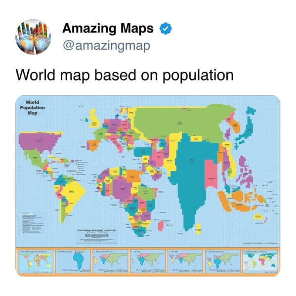 This amazing map is a world population cartogram, where the size of each country is distorted to represent its number of inhabitants, resulting in a massive India and China that dwarf a shrunken Russia and Canada.