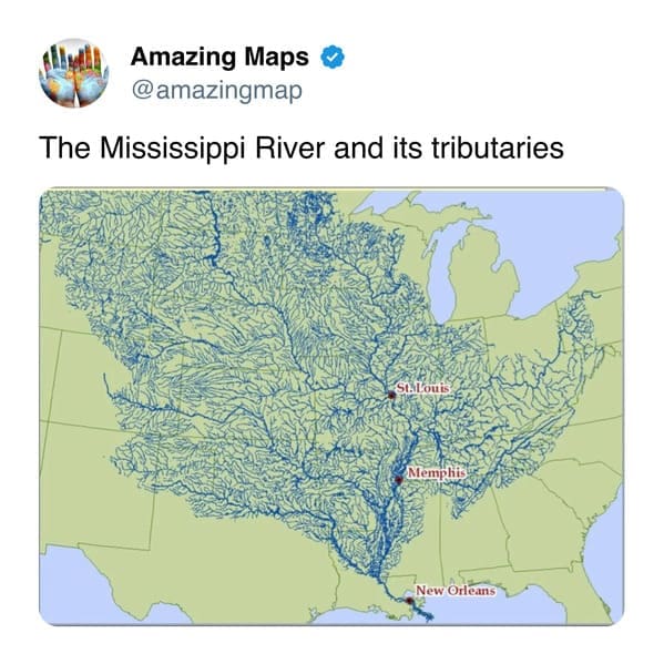 This amazing map illustrates the sheer scale of the Mississippi River basin, showing the continental United States covered in a dense, vein-like network of blue lines representing its countless tributaries.