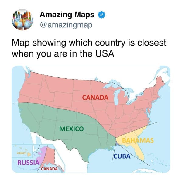 This amazing map uses a Voronoi diagram to show which neighboring country is closest to you at any point in the USA, revealing that large portions of the Southeast are closer to the Bahamas and Cuba than Canada or Mexico.