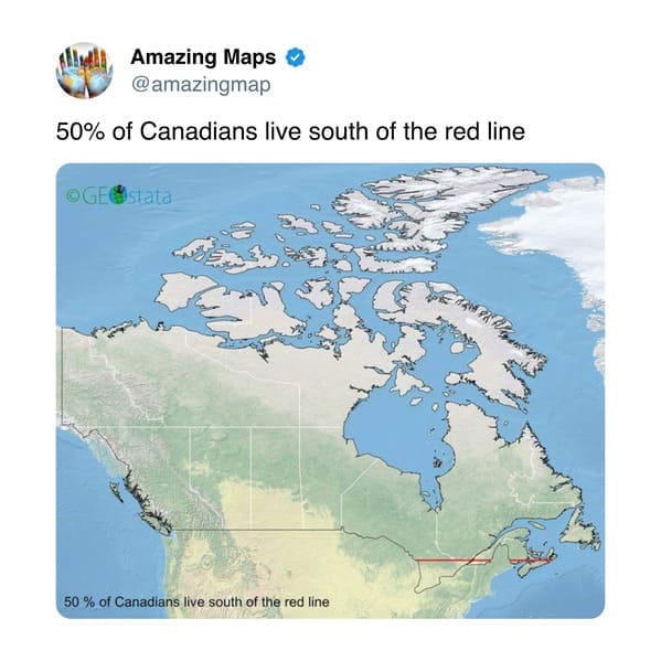 A population density amazing map of Canada with a single red line through southern Ontario and Quebec, revealing the startling fact that 50% of the entire Canadian population lives south of that line.