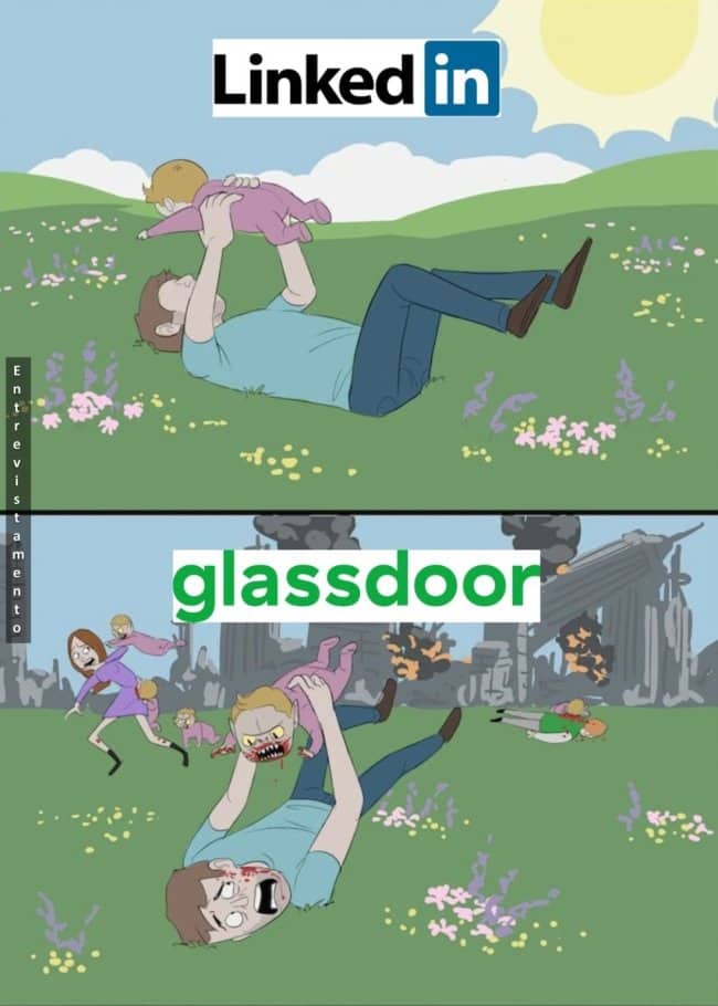 Illustration comparing a peaceful LinkedIn "family" scene to a chaotic and horrific Glassdoor reality.
