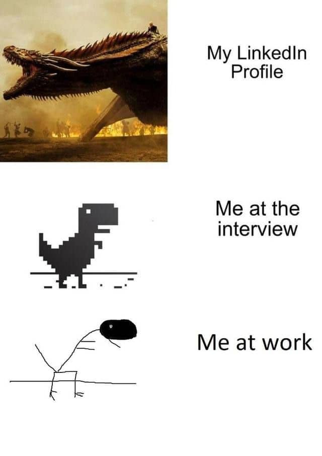 Comparison showing a dragon profile, a pixelated dinosaur interview, and a stick figure worker.