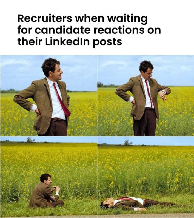 Mr. Bean waiting alone in a field representing recruiters waiting for candidate engagement on posts.
