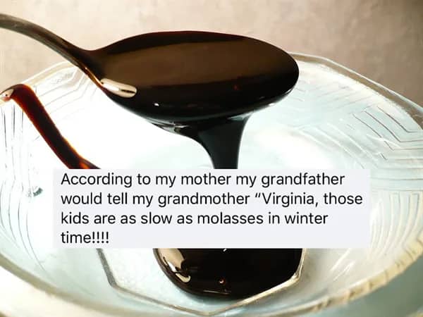 Close-up of dark molasses dripping from a spoon into a bowl with a slow kids saying.