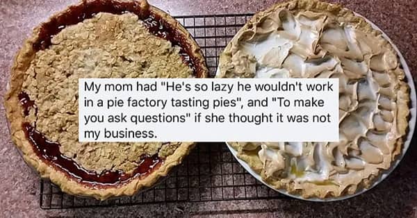 Two whole baked pies on a cooling rack with a text overlay about laziness and not minding business.