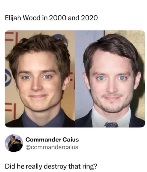 lotr meme comparing photos of Elijah Wood in 2000 and 2020, where he looks identical, prompting the suspicious question: "Did he really destroy that ring?"