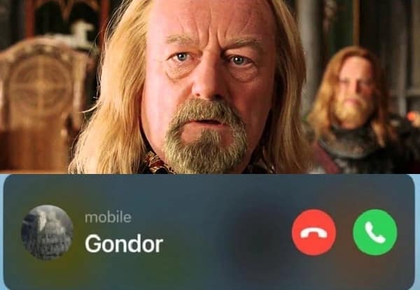 lord of the rings meme showing an iPhone incoming call screen from "Gondor" appearing over a serious-looking King Théoden, perfectly capturing the moment he considers letting the call go to voicemail.