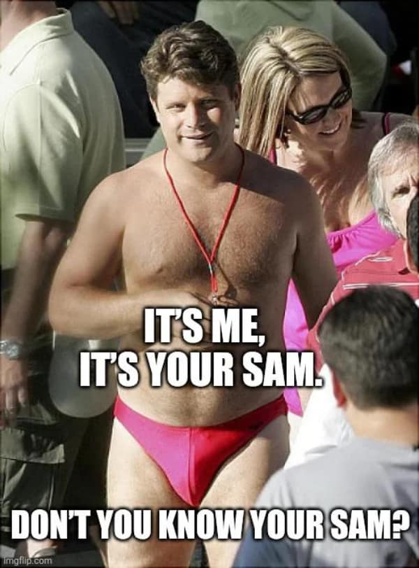 chaotic lotr meme featuring a real-life photo of Sean Astin in a red speedo and whistle, captioned with a frantic, "IT'S ME, IT'S YOUR SAM. DON'T YOU KNOW YOUR SAM?"