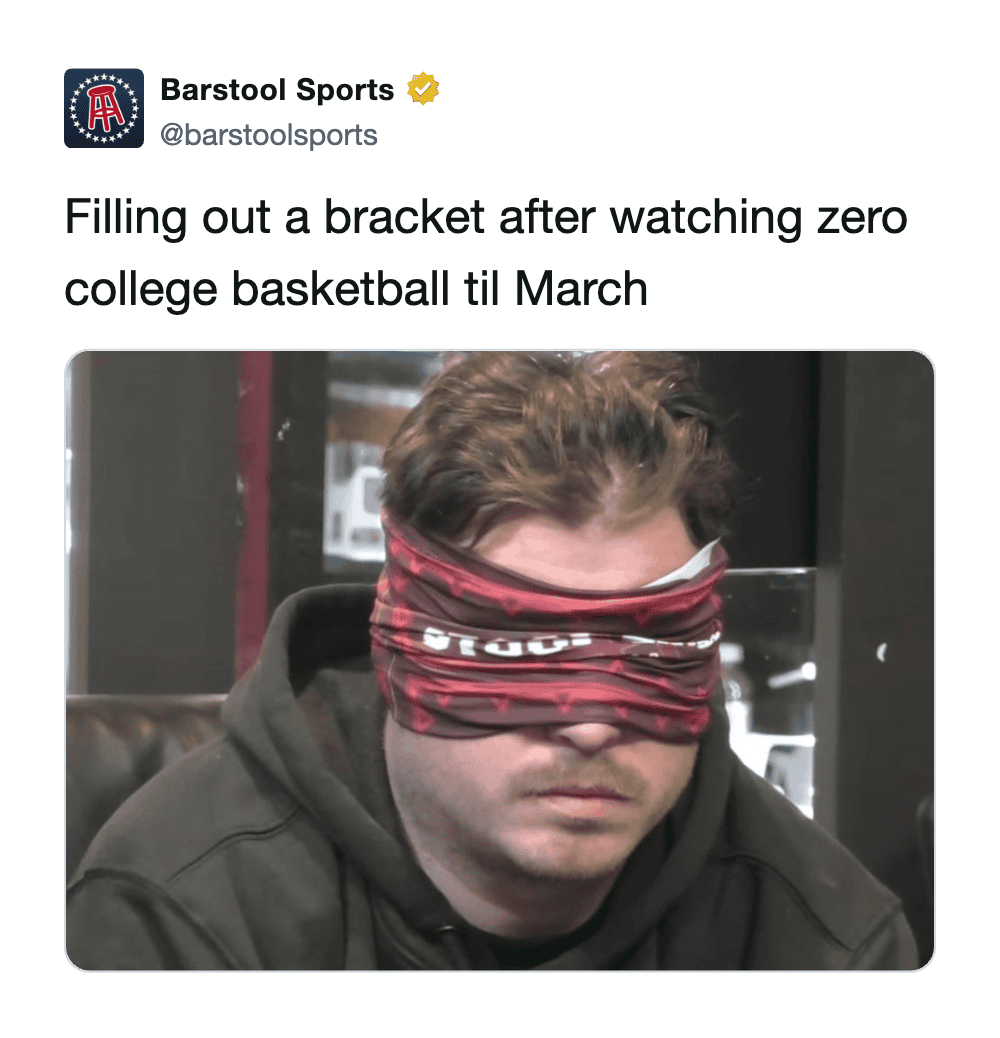 A March Madness meme depicting a man with a buff wrapped completely over his eyes to represent the "blind" strategy of fans filling out brackets after watching zero games all season.