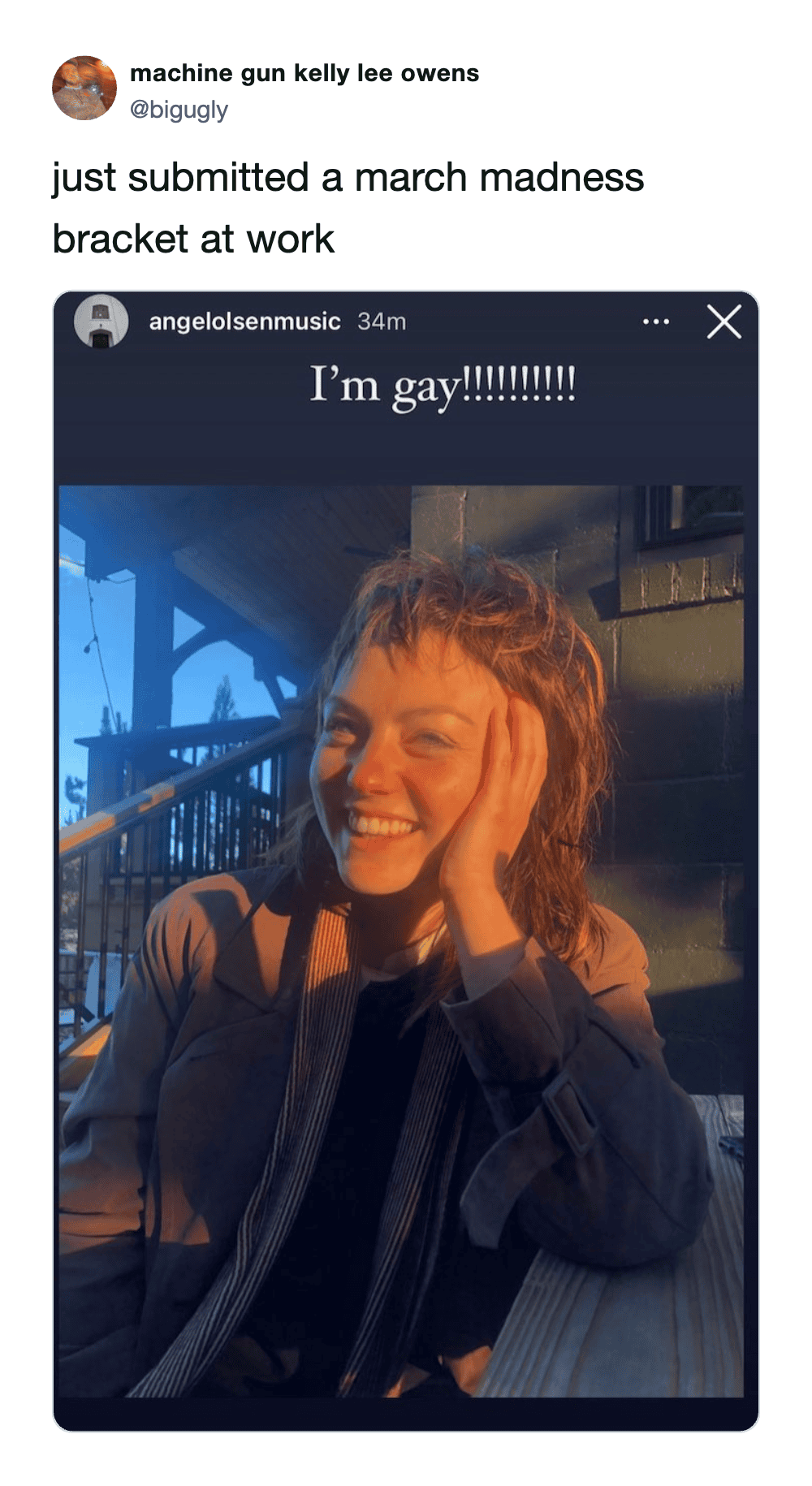 A meta march madness meme featuring a joyful photo of singer Angel Olsen with the caption "I'm gay!!!!!!!!!!" used as a reaction to the intense pride or relief of finally submitting a work