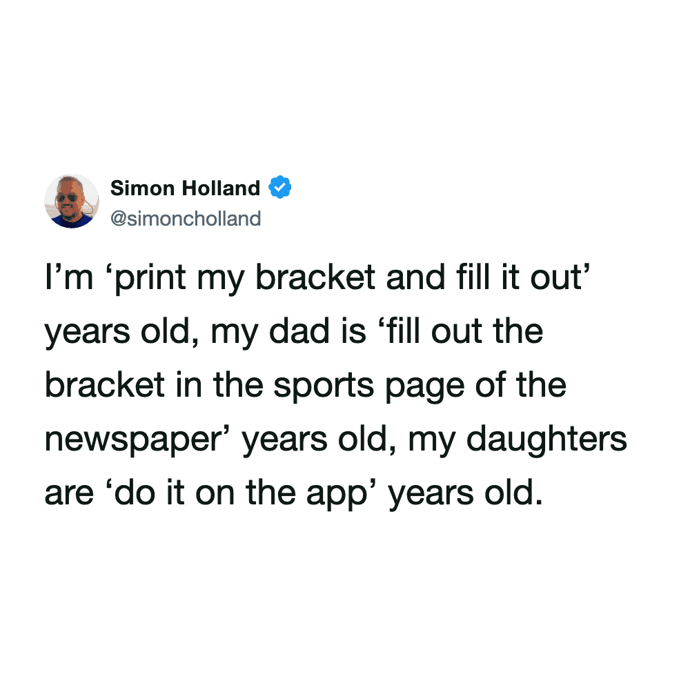 text-based March Madness meme tweet that captures the generational divide in sports fandom, contrasting those who use newspaper brackets versus those who use printed sheets or mobile apps.
