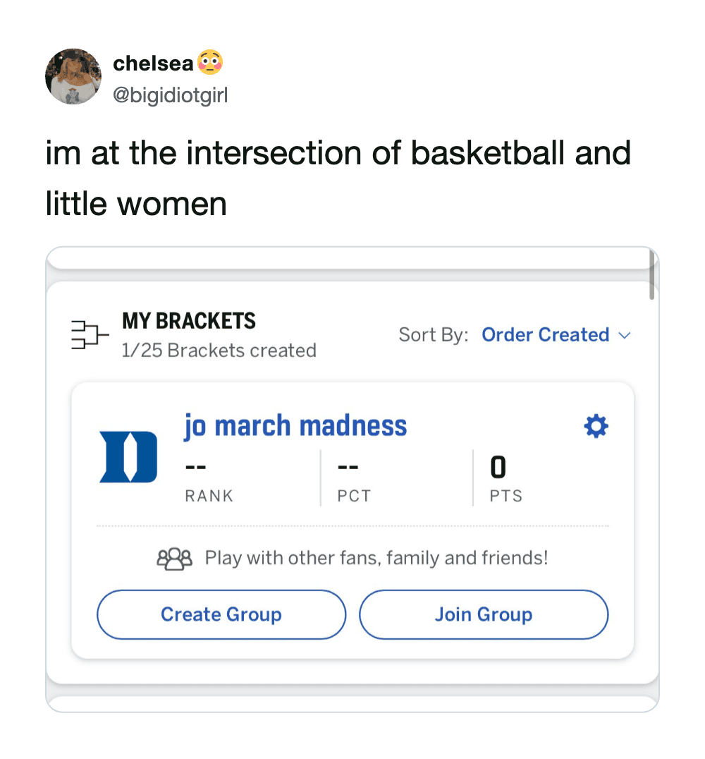 A niche March Madness meme for literature fans showing a bracket titled "jo march madness," creating a pun at the intersection of college basketball and the protagonist of Little Women.