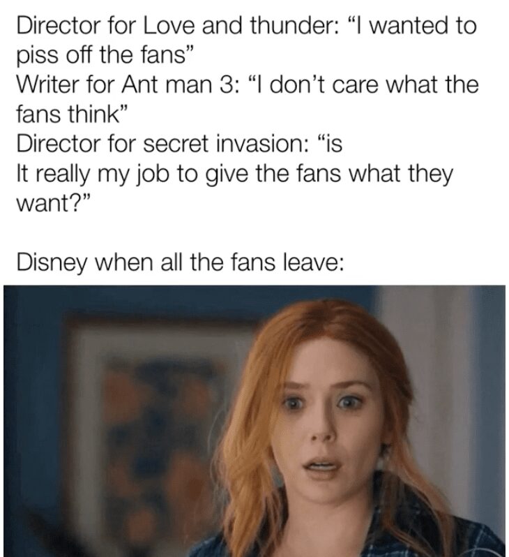 Wanda Maximoff looking shocked with text about Disney directors dismissing fan opinions and losing audiences.
