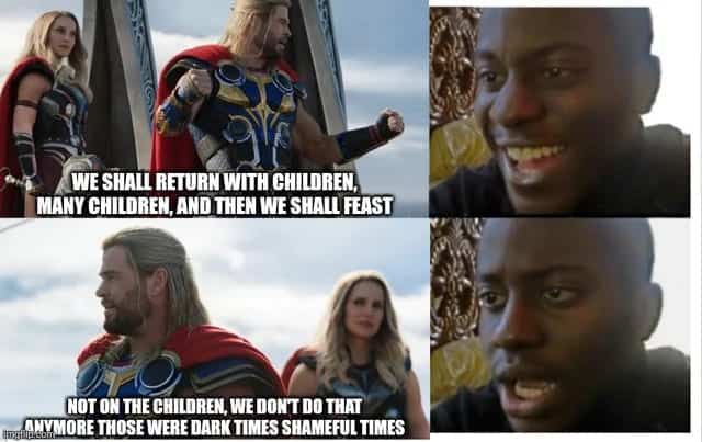 Thor and Jane Foster in Love and Thunder with a reaction face regarding a dark joke.