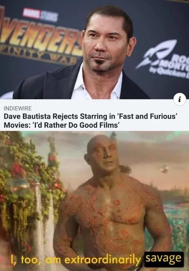 Dave Bautista as Drax next to a headline about him rejecting Fast and Furious movies.