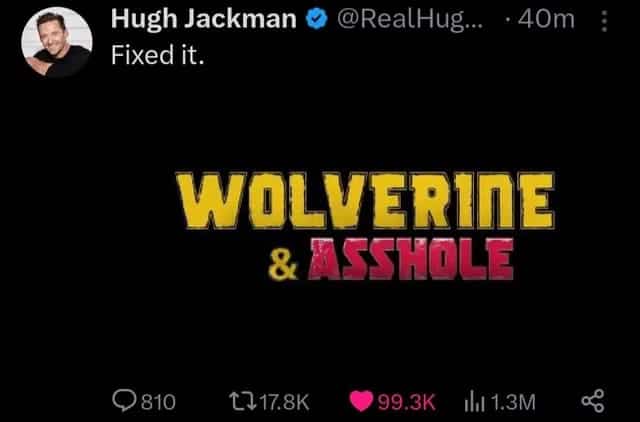 A fake tweet from Hugh Jackman showing a humorous R-rated title for the Deadpool movie.
