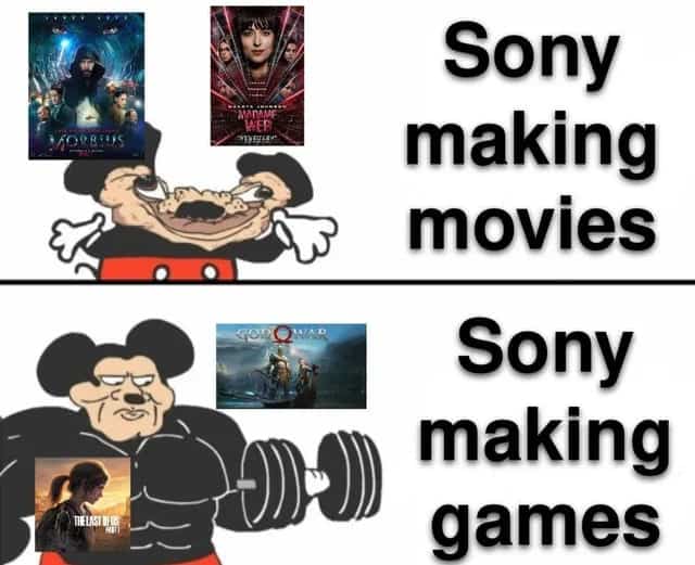 Meme comparing Sony's poorly received Marvel movies to their highly successful and acclaimed video games.