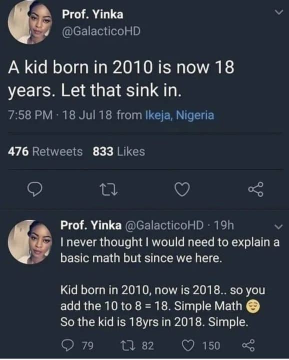 Twitter post from Prof. Yinka incorrectly claiming 2010 births turn 18 in 2018 using simple math.