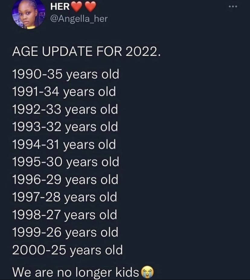 Age update list for 2022 adding five extra years to every birth year from 1990 to 2000.