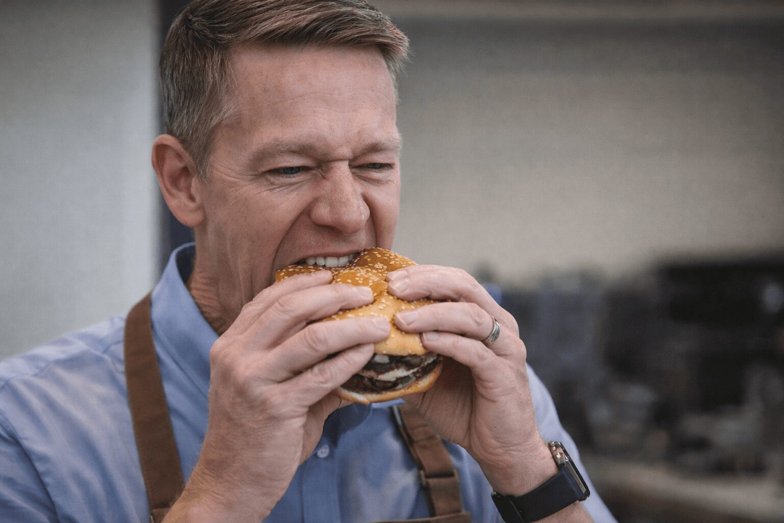 McDonalds CEO burger memes compilation: A collage featuring Chris Kempczinski looking completely miserable while chewing, Squidward from SpongeBob taking an impossibly microscopic bite, and Homer Simpson aggressively declaring the executive has never eaten a burger in his life.