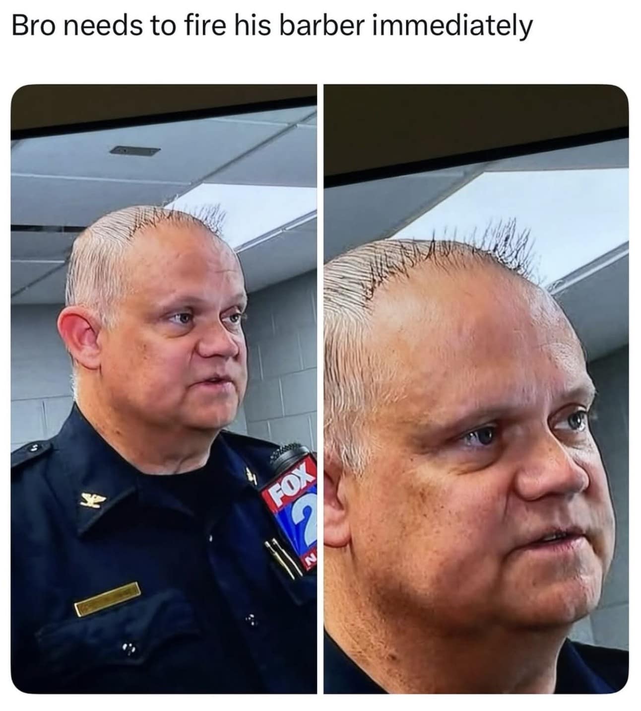 Side by side photos of a police officer with an incredibly sparse and spiky haircut. A hilarious reaction demanding he fire his barber immediately in these funny memes