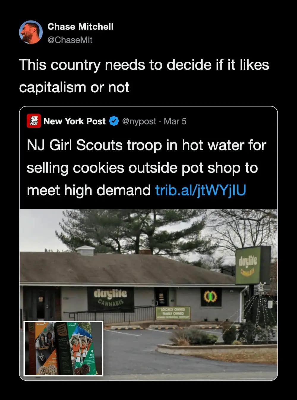 entrepreneurial funny meme showing a news headline about a Girl Scout troop getting in trouble for brilliantly selling cookies outside a pot shop, with a user demanding the country decide if it actually likes capitalism or not.