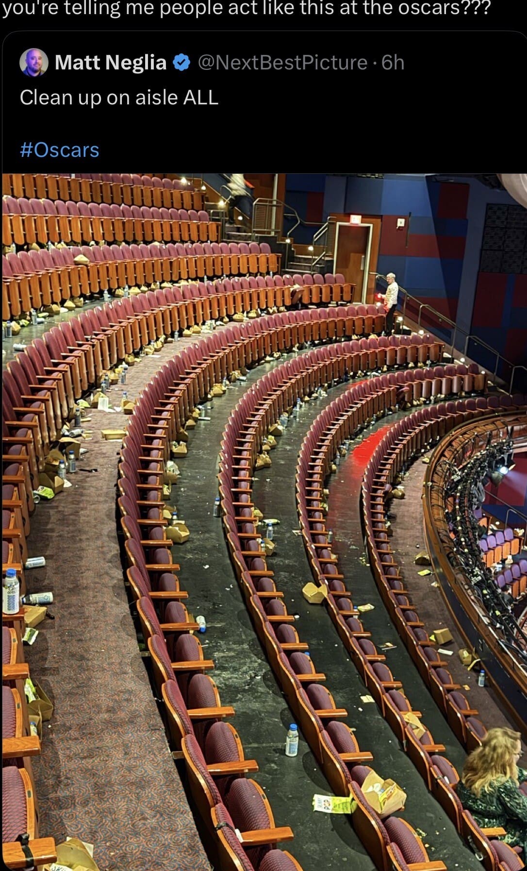 The shocking aftermath of a high-profile event is documented in this meme dump photo, showing an entire theater aisle at the Oscars completely covered in discarded trash, snack boxes, and water bottles.
